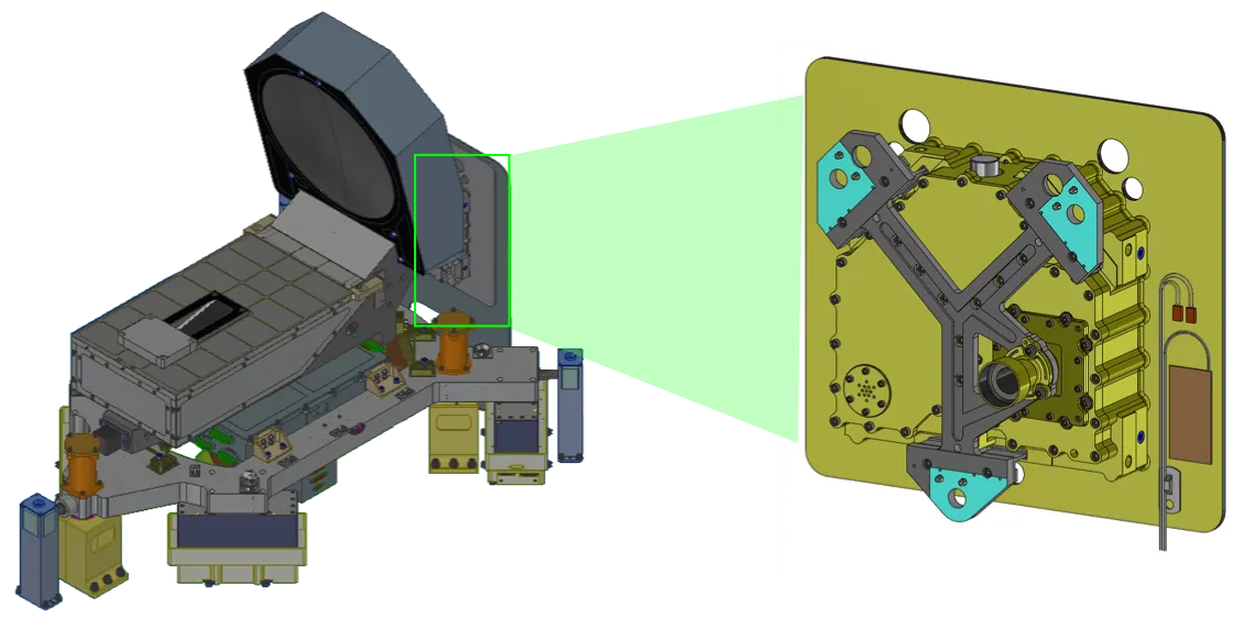 Engineering rendering of the photon-counting camera mounted within the Deep Space Optical Communications instrument.