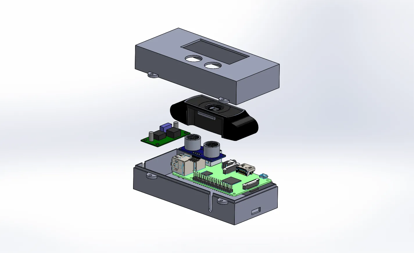 Exploded view of the UAV landing sensor enclosure showing the camera, ultrasonic rangefinder, and electronics.