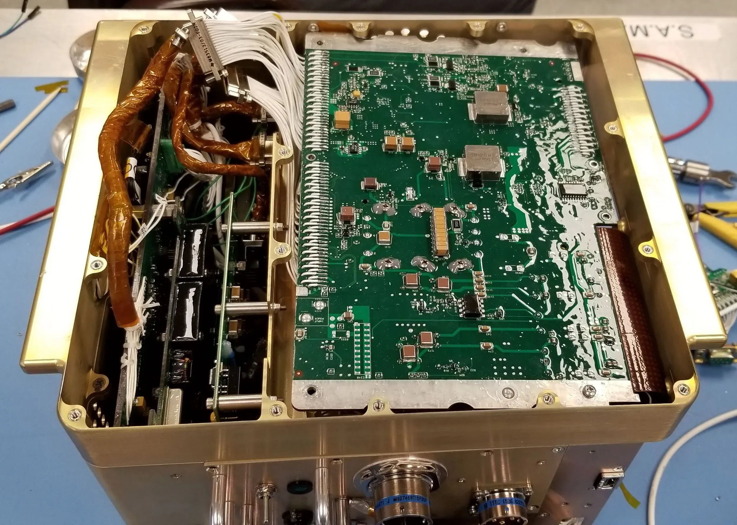 Open instrument showing flight electronics during integration.