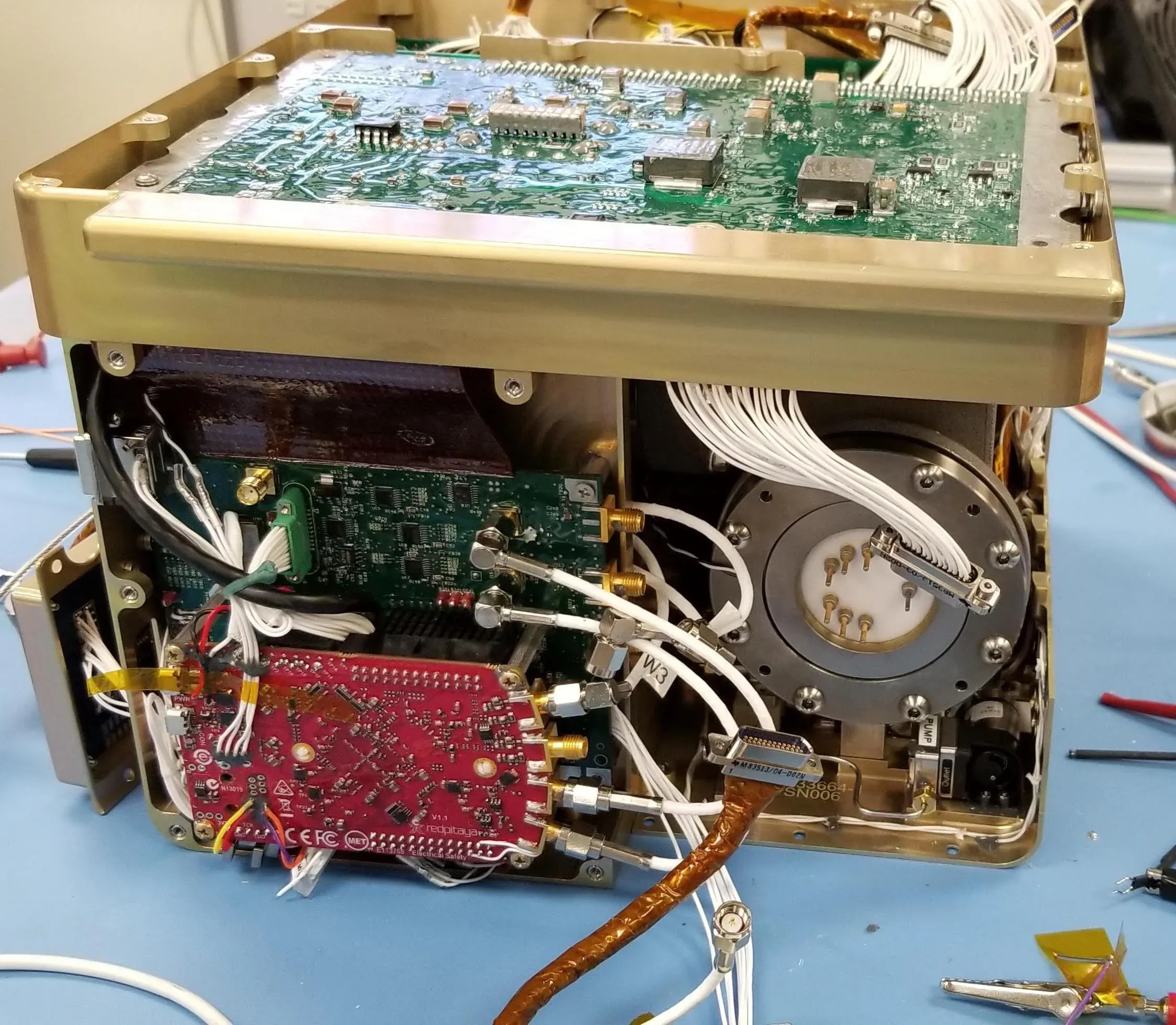 Side view inside the instrument during electronics integration.
