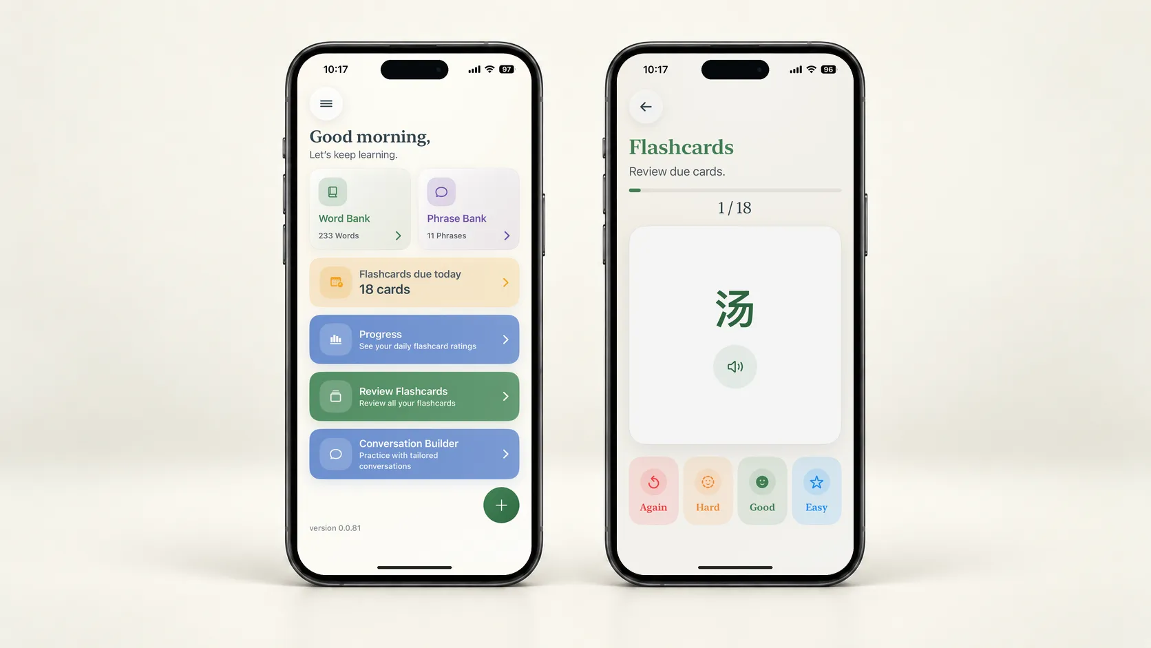 Two iPhones displaying the LangVault home dashboard and a Mandarin flashcard review.