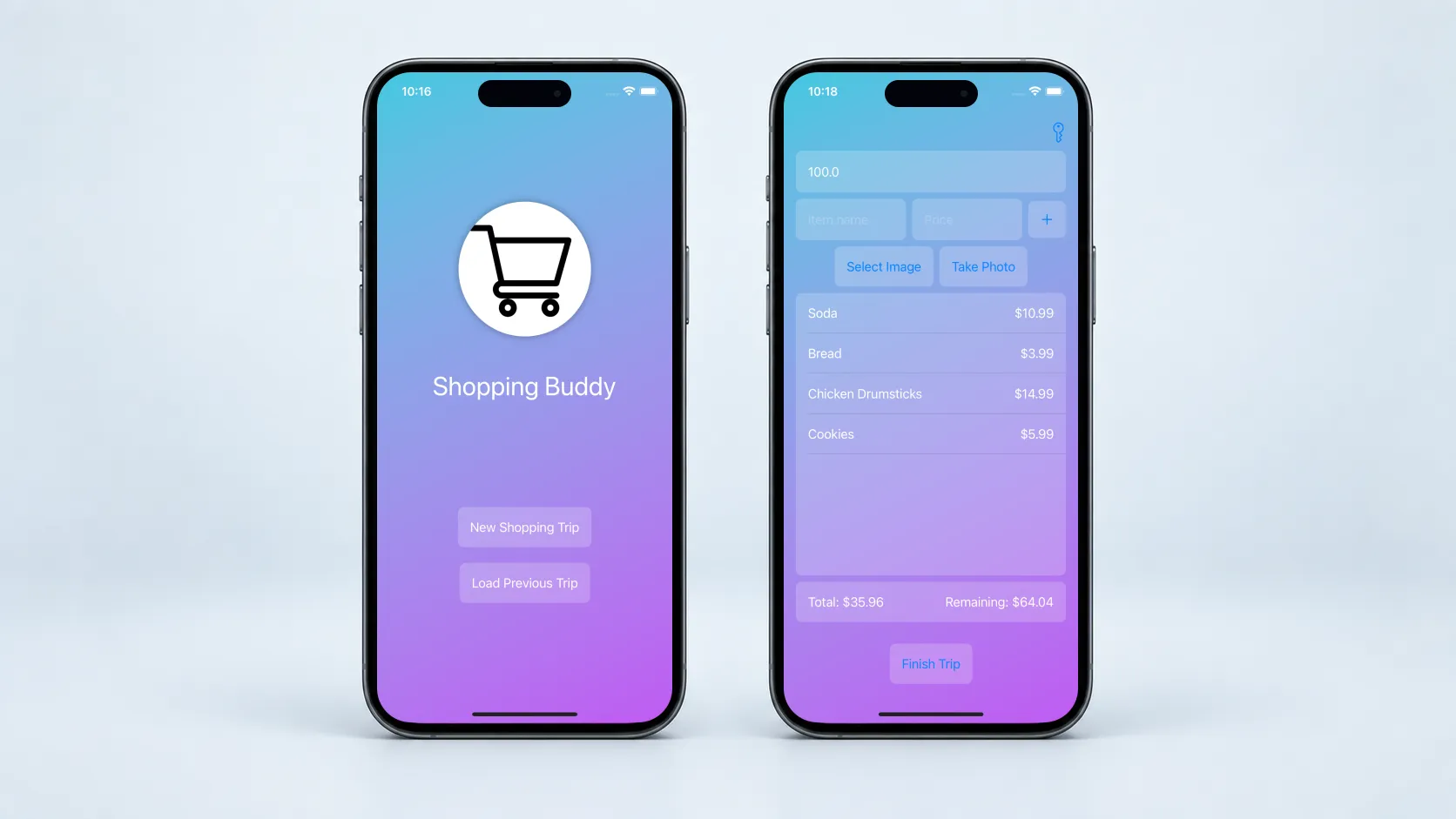 Two Shopping Buddy iPhone screens showing the home view and an itemized cart with a running total.